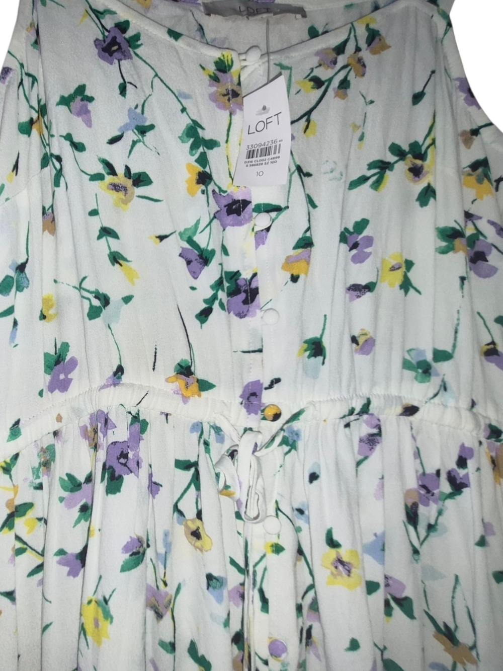 LOFT White Floral Button-Front Dress with Purple and Yellow Blooms - Picture 5 of 7